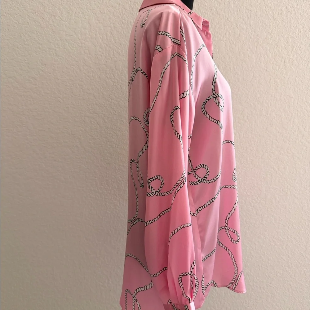ZARA Satin Pink Rope & Chain Print Button Down Shirt | Nautical Chic